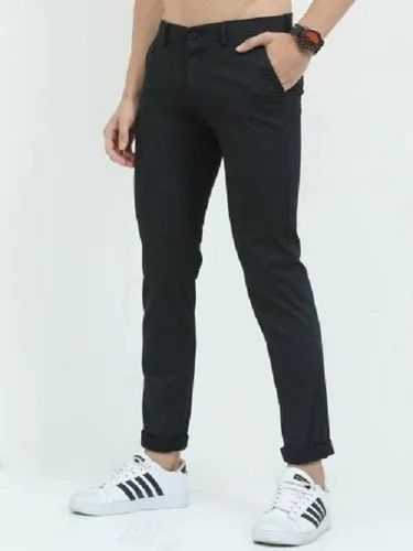 Straight Fit Button Closure Plain Dyed Four Pockets Cotton Men's Trousers