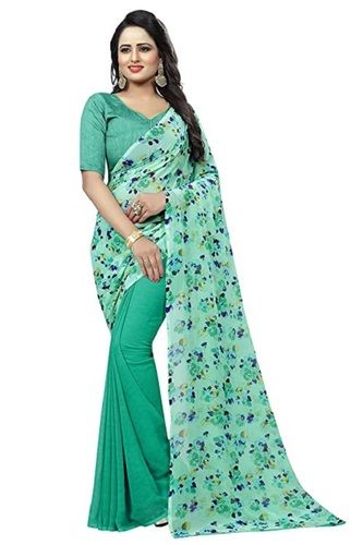 Georgette 6 Meter Green Daily Wear Saree With Unstitched Blouse Piece