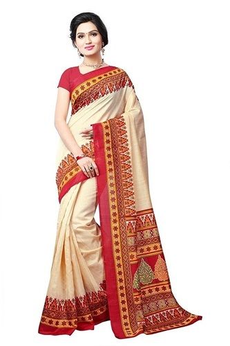 Casual White Printed Silk Sarees With Unstitched Blouse Piece