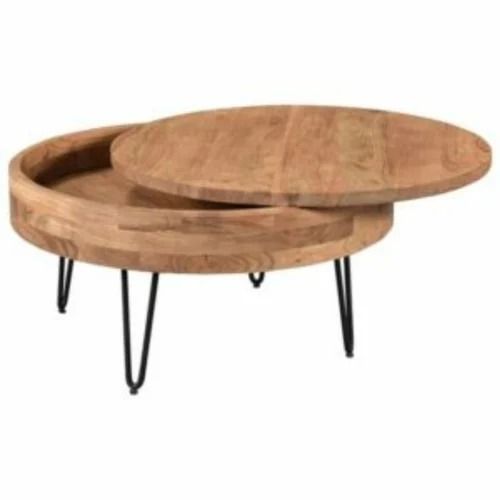 Handmade Polished Finish Iron Stand Oak Wooden Coffee Table For Dining Room