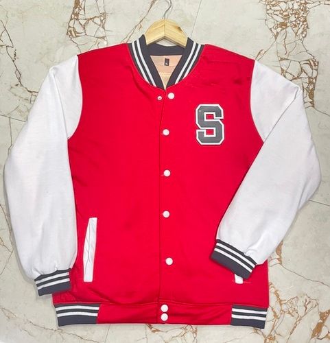 Red And White Full Sleeves Printed Varsity Wool Blend Jackets