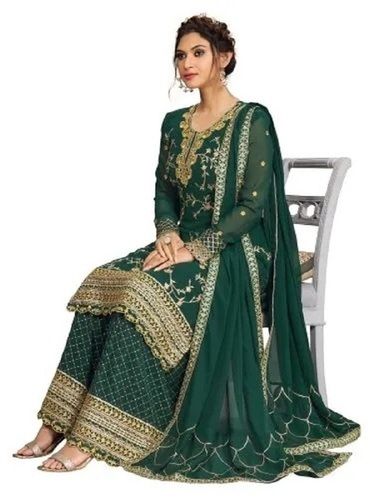 Green Absorbent Lace Skin Friendly Breathable Printed Embroidered Georgette Sharara Suit