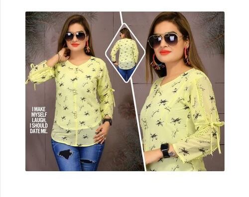 Full Sleeve Ladies Light Yellow Georgette Printed Top