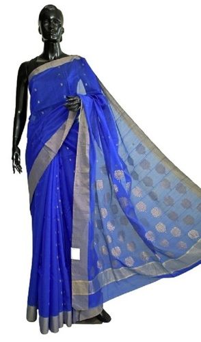 Blue Ladies Printed Party Wear Cotton Silk Saree With Unstitched Blouse Piece