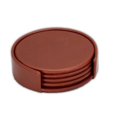 Brown Matte Finished Round Leather Coaster