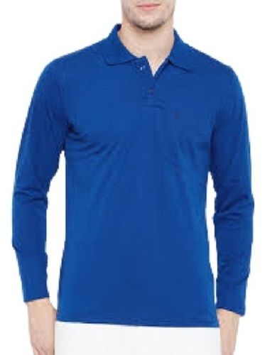 Blue Mens Plain Polo Neck Full Sleeve Cotton T Shirt