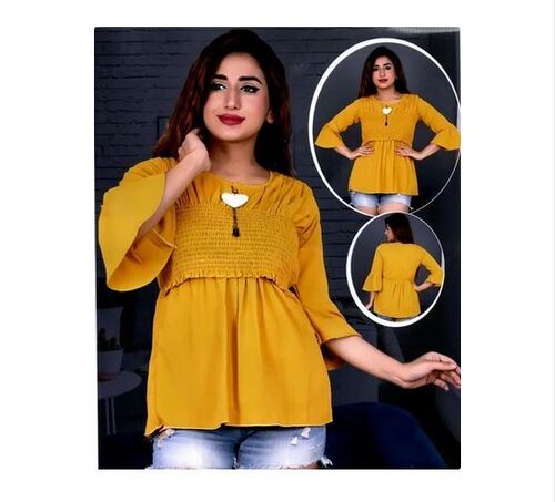 Party Wear Ladies Yellow Plain BSY Top With Round Neck