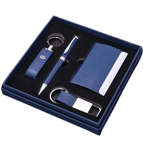 Blue Rectangular Soft Stylish Modern Lightweight Leather Gift Set Pen Drive