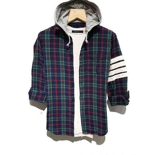 Full Sleeves Regular Fit Check Pattern Style Hooded Shirt For