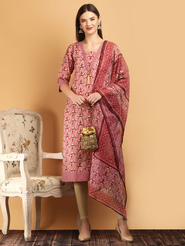 Magic Foil Print Pink Straight Kurti With Dupatta P5 Size: Extra Large