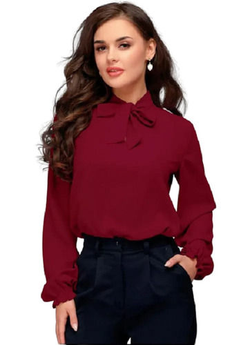 Maroon Modern Full Sleeves Plain Dyed Georgette Casual Wear Top For Girls