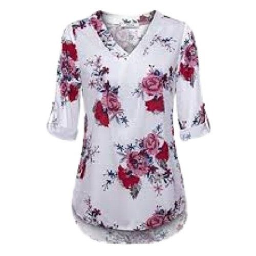 Printed Pattern V Neck And 3/4th Sleeve Casual Wear Ladies Tops