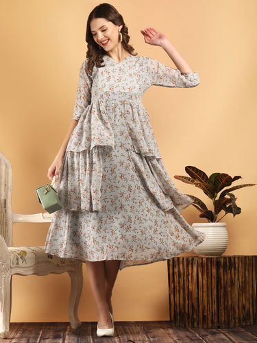 Printed V Neck Georgette Dress With Aster Double Frill E9