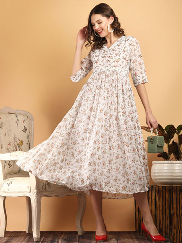 Washable White Georgette Print Round Neck Plitting Dress With Aster P3