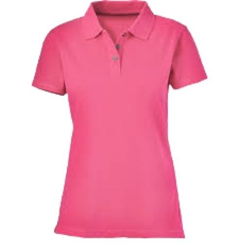 Pink Ladies Plain Pattern Polo Neck Short Sleeve Casual Wear Cotton T Shirts