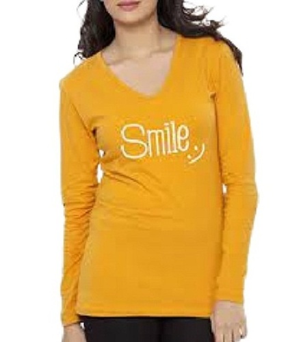 Yellow With White Ladies Printed V Neck Long Sleeve Casual Wear Cotton T Shirts