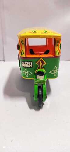 Polished Yellow And Green Wooden Auto Rickshaw Toy