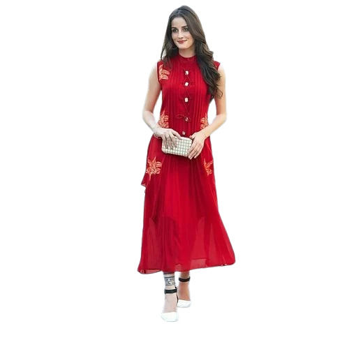 Sleeveless Lace Closure Button Decorated Round Neck Party Wear Cotton Kurti Bust Size: 38 Inch (In)