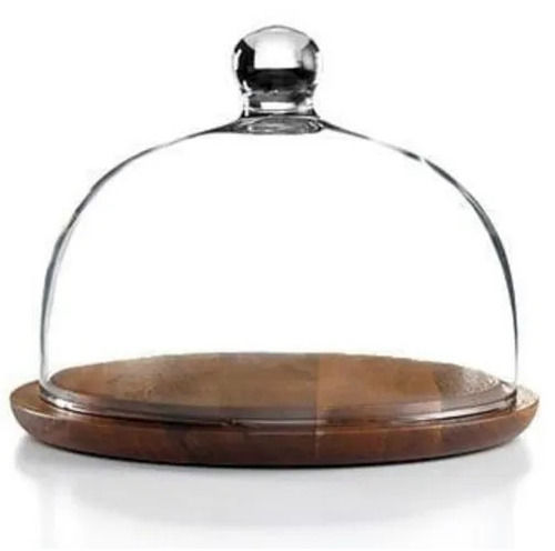 Decorative Round Wooden Cake Stand With Clear Glass Dome For Hotel