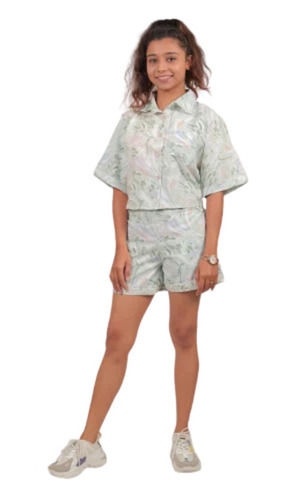 Printed Cotton Short Sleeves Shirt And Shorts Set Western Wear For Girls