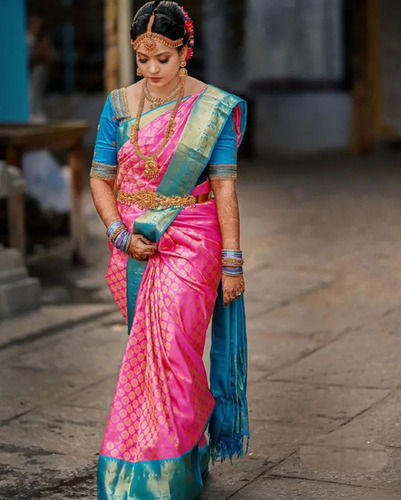 Buy Pink Chiffon Indian Saree With Brocade Blouse Online - SARV08516 |  Andaaz Fashion