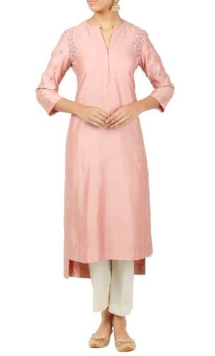 Light Pink Beautiful Traditional Style Casual Wear 3/4 Sleeve Silk Kurti For Ladies 