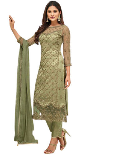 Assorted Color Cotton Net Long Churidar Suits For Ladies, Full