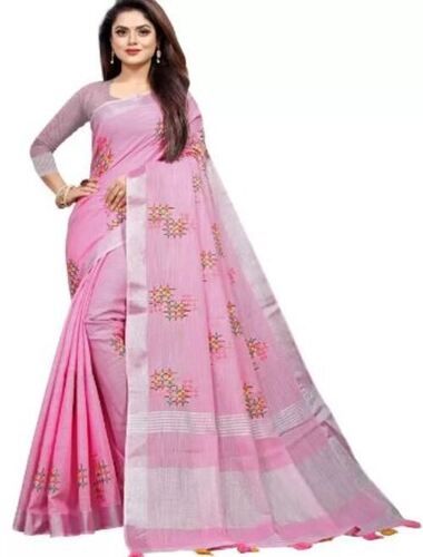 Pink And White Traditional Wear Printed Cotton Saree With Blouse Piece 