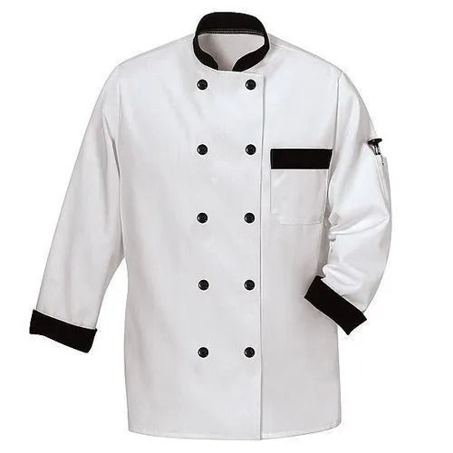 White And Black Washable Round Neck Long Sleeve Plain Dyed Cotton Chef Coat 