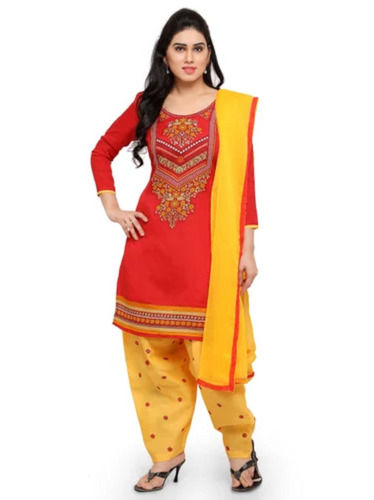 Multicolor Casual Wear 3/4 Sleeves Round Neck Printed Cotton Salwar Suits For Ladies 