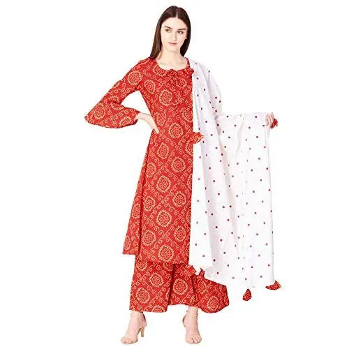 Red Casual Wear Stylish Comfortable Breathable Jaipuri Style Cotton Printed Suit For Ladies