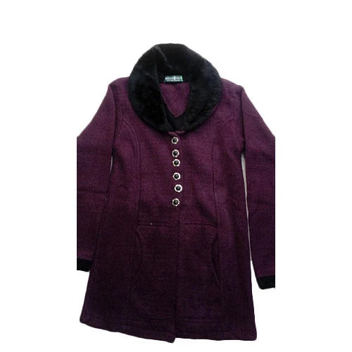 Purple Stylish Comfortable Warm Button Closure Full Sleeves Plain Velvet Long Coat For Ladies