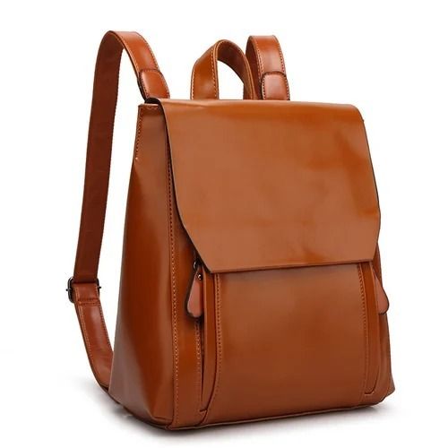 Brown Zipper Closure Genuine Leather Plain Backpack With Shoulder Length Handle 