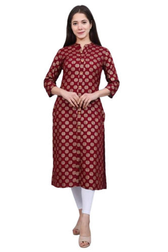 3-4 Th Sleeves Skin Friendly Casual Wear Printed Rayon Kurti  Bust Size: Na  Micromete (Micron)