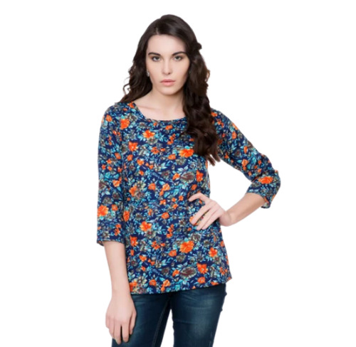 मल्टीकलर 3/4 स्लीव और समर सीज़न राउंड नेक प्रिंटेड टॉप महिलाओं के लिए