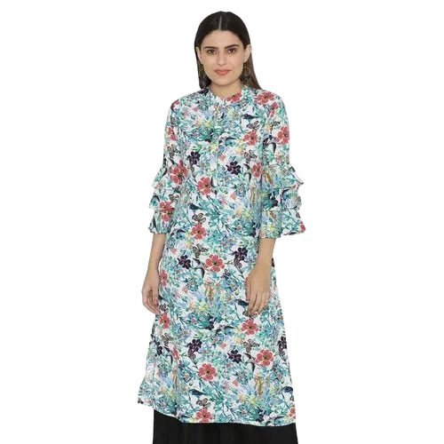 Multicolor Casual Wear 3-4th Sleeves Skin Friendly Printed Georgette Kurti 