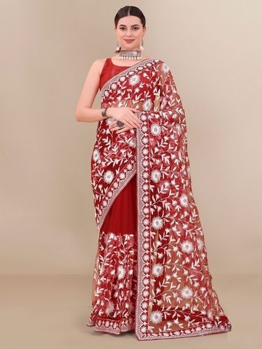 Designer Party Wear Red Machine Embroidered Net Sarees With Banglori Silk Blouse