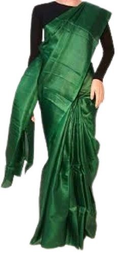 Tissue Ladies Plain Dark Green Tussar Silk Saree With Unstitched Blouse Piece