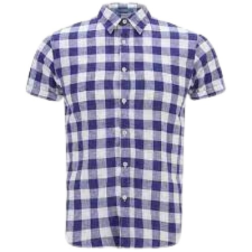 Quick Dry Mens Half Sleeve Straight Collar White And Purple Plain Checked Cotton Shirts