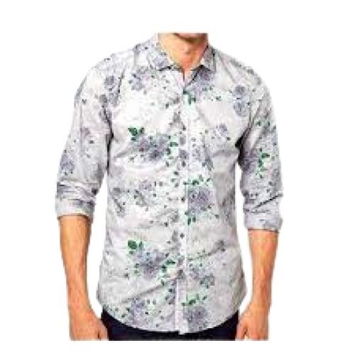 Mens White With Grey Printed Casual Wear Breathable Cotton Shirt Chest Size: 42 Inch