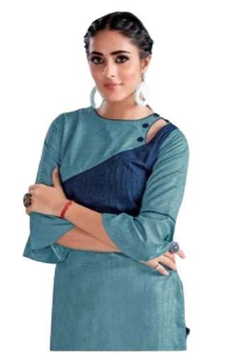 Blue Party Wear Modern Style Comfortable Breathable Plain Cotton Kurti For Ladies