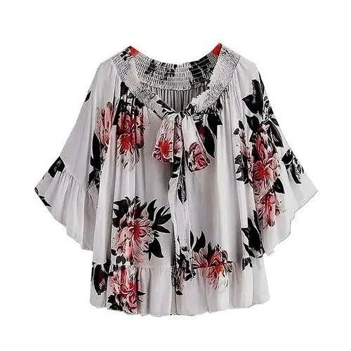 Comfortable 3/4th Sleeves Printed Georgette Top For Girls