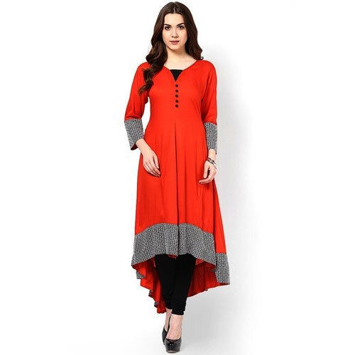 Orange Ladies Fancy Design Long Length Stylish Cut Cotton Kurti