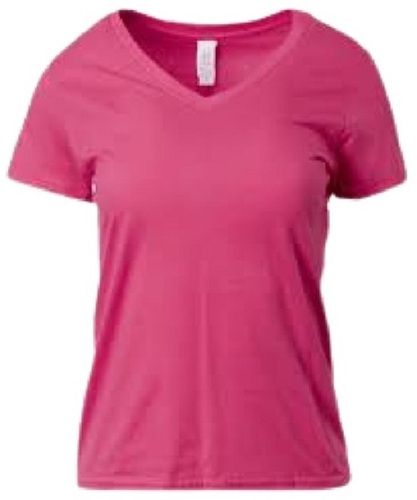 Pink Ladies Plain V Neck Half Sleeves T-Shirt