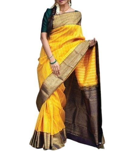 Yellow Ladies Zari Work Border Silk Saree With Matching Blouse Piece