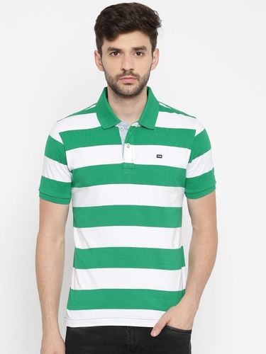 Green And White Men Polo Neck Stripes Cotton Short Sleeves T Shirt