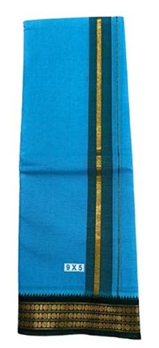 Sky Blue Mens Border Plain 9X5 Cotton Dhoti