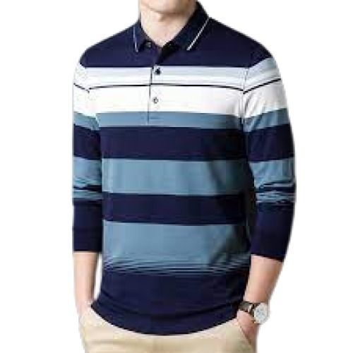 Multi Mens Full Sleeve Striped Casual Cotton Polo T Shirts