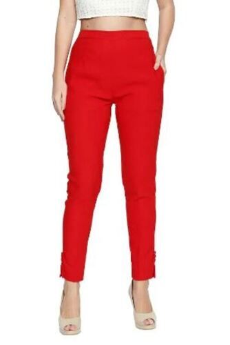 Red Regular Fit Casual Wear Plain Cotton Ladies Straight Trouser