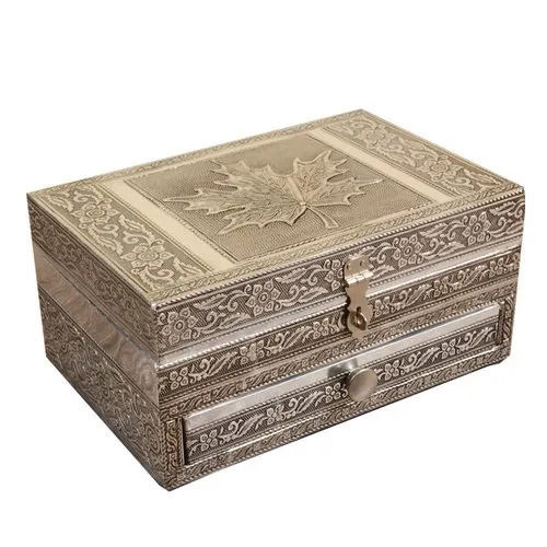 Rectangular Polish Finished Leaf Design Solid Wooden Jewellery Box 